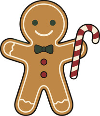 Fototapeta premium Cute Gingerbread Man Holding a Candy Cane, Christmas Holiday Cartoon Illustration