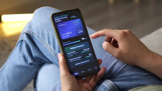 User manages a protected digital wallet on a smartphone, highlighting card freezing, fraud prevention, payment security and growing demand for safer mobile finance.