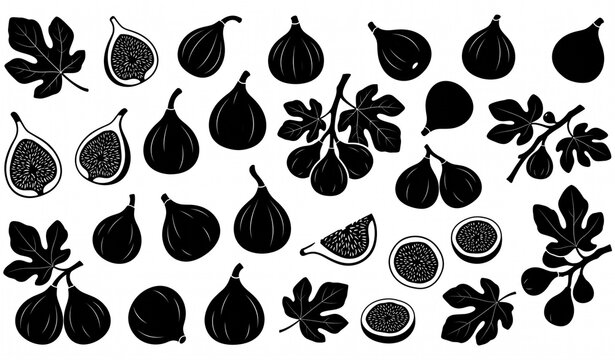 Fig Fruit Black Silhouette Whole and Sliced Vector Collection
