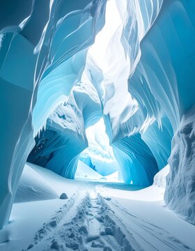 Expansive Blue Ice Cave Entrance with Snowy Path