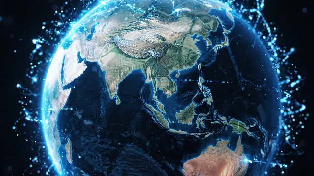 Global digital network connection: earth spinning with glowing data lines and connectivity