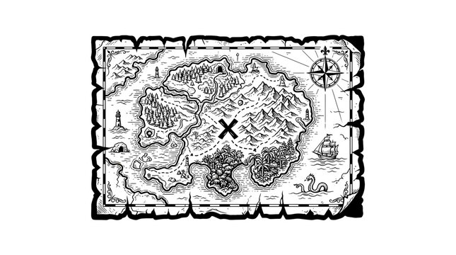 Black and White Pirate Treasure Map Illustration with Compass and Sea Monster