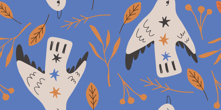 Birds and Botanical Seamless Pattern Elements Illustration