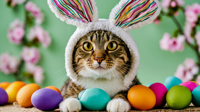 A cat wearing a white bunny hat with colorful stripes sits among a variety of colorful Easter eggs