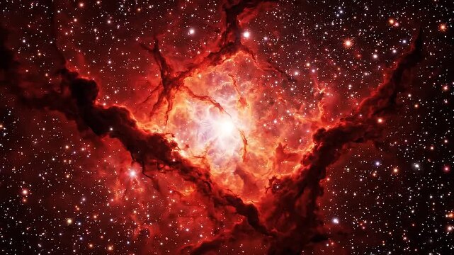 Glowing red nebula in deep space: vibrant cosmic gas clouds and sparkling star clusters