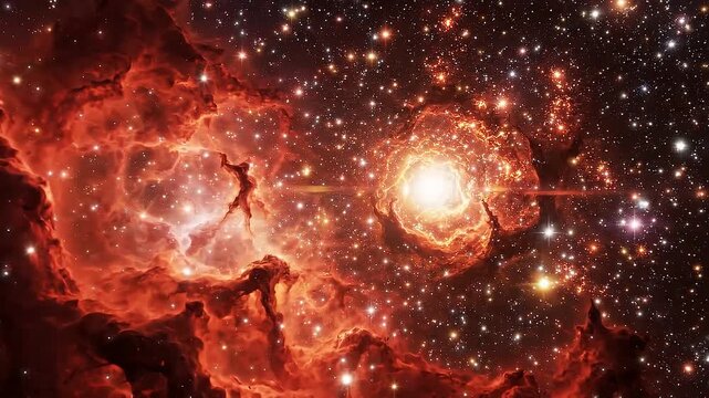 Glowing supernova explosion in deep space with radiant red nebula and shimmering star clusters