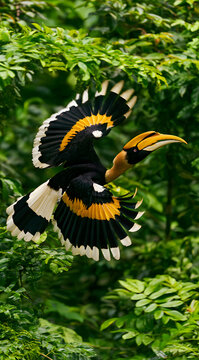 A great hornbill bird effortlessly cuts through lush green jungle foliage, with its vivid wings fully extended. This regal being, featuring a big yellow bill, gracefully cruises among tropical trees, 