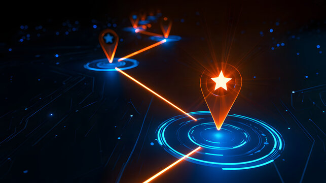A radiant visionary plan with marker locations pointing towards a shining star symbolizing key business success benchmarks and the progression of the venture.