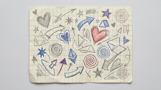 Hand Drawn Doodles and Symbols on Lined Paper