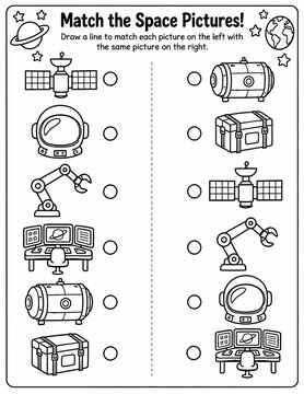 Space matching worksheet for kids with astronaut gear and satellite icons on white background