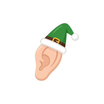 Vector illustration of a human ear wearing a festive green elf hat with white fur trim, a brown belt with a gold buckle, and a white pom-pom, isolated on a white background.