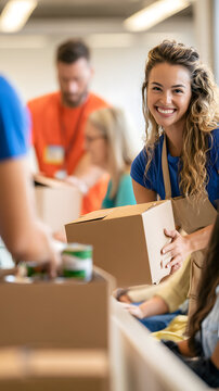 From an overhead perspective of smiling young volunteers, they are distributing meal boxes and canned goods to seated people at a well-lit and clean distribution counter, facing away from the view