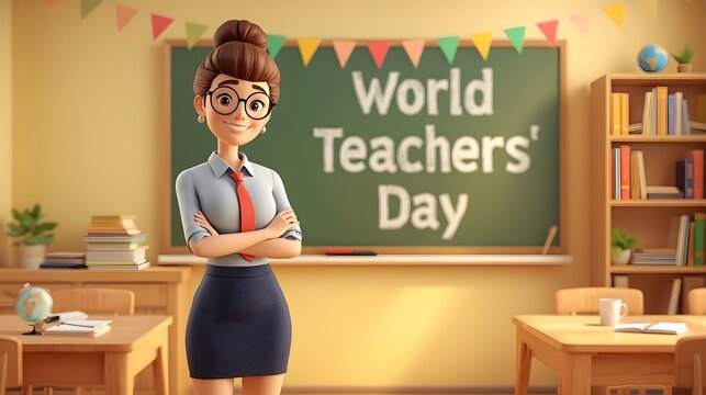 Cartoon teacher celebrating world teachers day in classroom