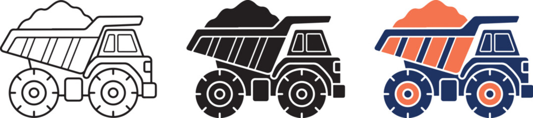Industrial mining dump truck icon set featuring heavy haulers transporting earth materials in flat vector styles on white background. © MdMostafijur