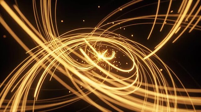 Glowing gold light streaks swirling in abstract motion loop video clip