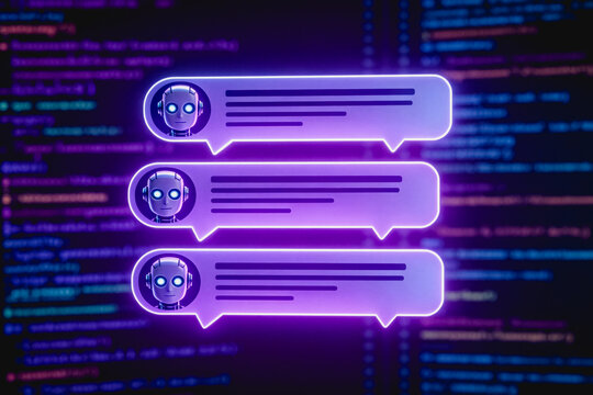 Neon-lit chat bubbles with robot avatars show AI conversations against a programming code background, representing digital communication.