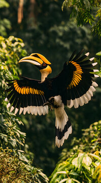 The great hornbill bird navigates through the lush, verdant jungle canopy, its vivid feathers extending wide. This regal avian, distinguished by its striking yellow beak, cruises effortlessly amidst t