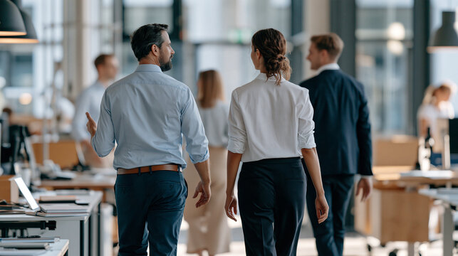 Wide rear view of a diverse business team collaborating while walking through an open office, animated hand gestures and relaxed posture beside shared desks, natural daylight acros