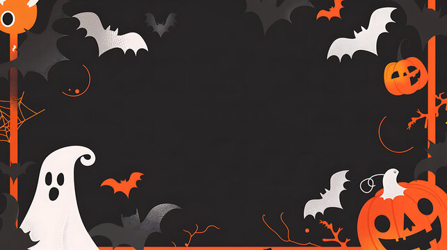A minimalist Halloween background template with an orange frame around ghosts bats and a pumpkin