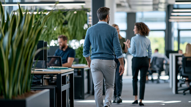 Wide rear view of a diverse business team collaborating while walking through an open office, animated hand gestures and relaxed posture beside shared desks, natural daylight acros