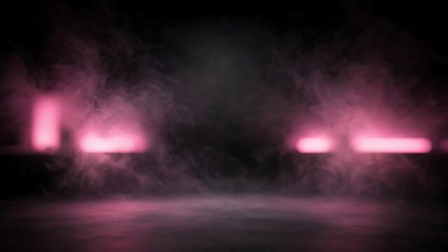 Pink glowing neon lights with smoke and dark reflective floor