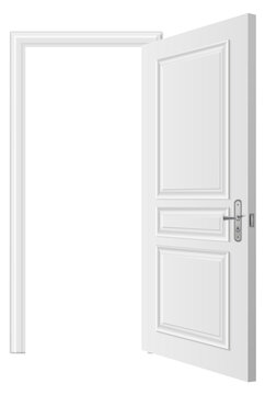 A white door with a silver handle is open
