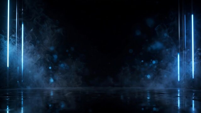 Blue vertical neon light strips on sides with smoke and bokeh on dark floor