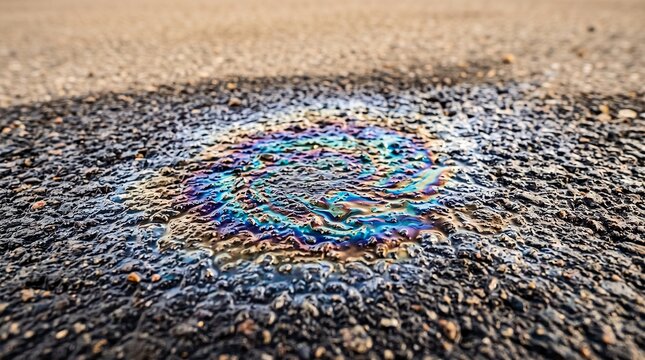 Oil slick with iridescent rainbow colors on asphalt road surface