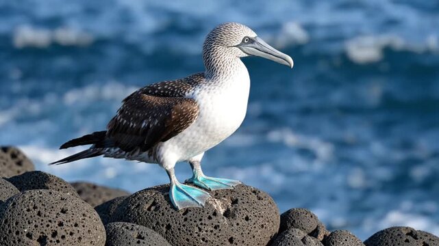 Blue Footed Booby on Rocky Shore: A striking blue-footed booby stands proudly on volcanic rocks near the ocean, its vibrant blue feet a stark contrast to its speckled plumage and the deep blue water.
