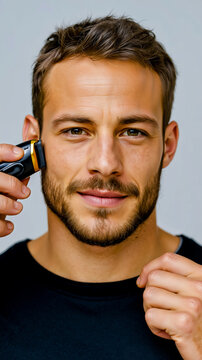 A man with a beard and mustache is shaving his face with a black and gold electric razor