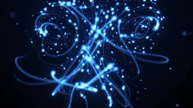 Glowing blue light particles moving in swirling abstract video motion