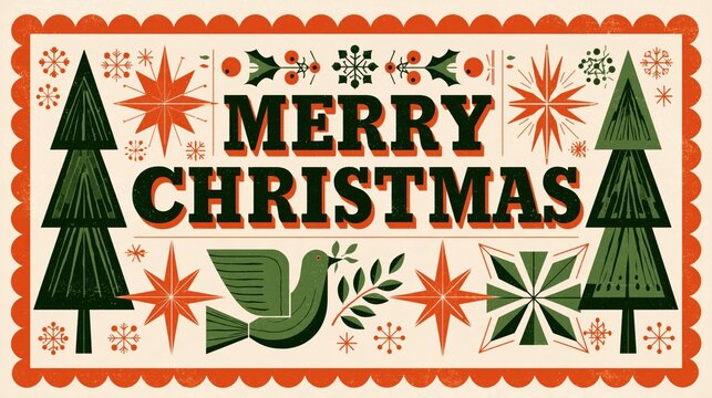 Vintage Mid Century Modern Merry Christmas Postage Stamp Design with Peace Dove Pine Trees Snowflake and Holly Leaves Illustration