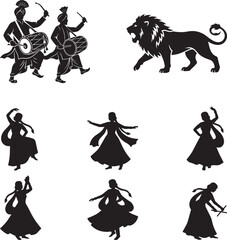 Fototapeta premium Black silhouette collection of traditional indian dancers musicians and a majestic lion for cultural designs isolated on transparent background, Vector