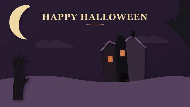 Happy Halloween, spooky haunted house and moon in night sky for celebration, festive event and party invitation. Dark background, papercut style and paper art with greeting, seasonal holiday fun