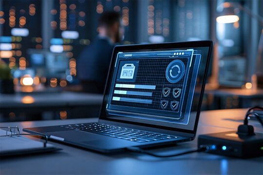 Laptop Displaying Software Update Interface in Server Room
