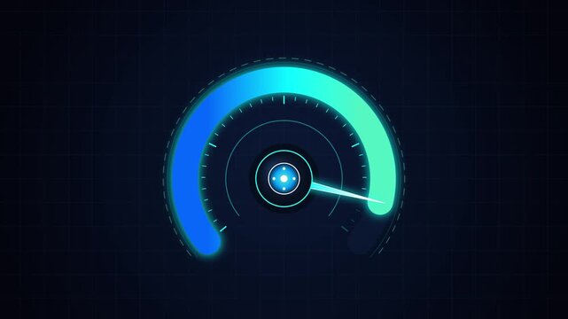 3D Futuristic Blue Circular HUD Speedometer Gauge with Glowing Indicator Needle for Technology Dashboard Concept