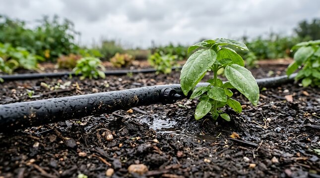 Drip irrigation tube watering young green basil plant growing in dark soil garden bed