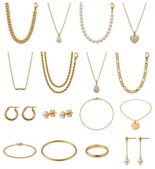 Collection of bridal gold jewelry sets including tiaras, earrings, and necklaces displayed against a soft white background © EwaStudio