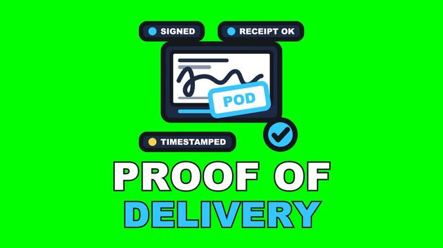 4K green screen PROOF OF DELIVERY animated text - the signature draws on the handheld and the POD stamp lands, kinetic typography courier and last mile delivery overlay, chroma key