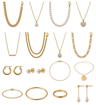 Collection of bridal gold jewelry sets including tiaras, earrings, and necklaces displayed against a soft white background