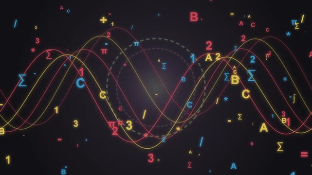 Animated Mathematical Sine Wave Background with Floating Colorful Physics Numbers and Symbols