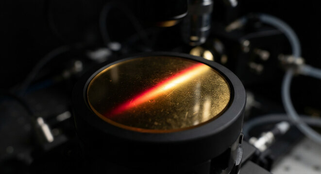 Gold-coated glass disc surface reflecting red optical evanescent field for surface plasmon resonance biosensing in advanced biotechnology laboratory