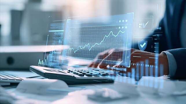 Finance Analyst Reviewing Expense Data with Digital Security Interface