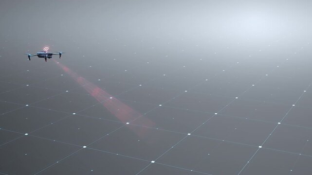 Drone laser scanning a digital grid floor with red target frame for widescreen tech presentation.