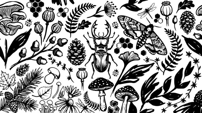 Hand Drawn Vintage Forest Nature Illustration with Beetle and Moth on Transparent Background