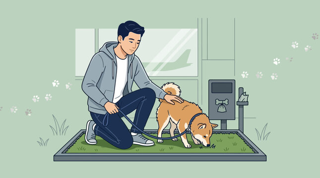 Man Walking Dog in Airport Pet Relief Area