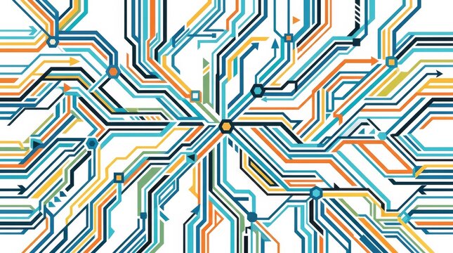 Abstract Data Network with Layered Geometric Lines, Connection Points and Flow Directions. Generative AI