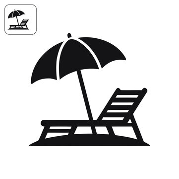 Beach lounge chair with sun umbrella icon in flat black vector style