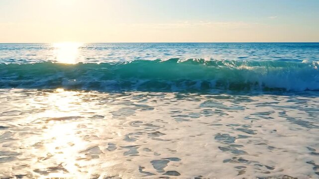 Golden hour ocean waves crashing on sandy beach at sunset serene coastal background