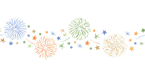 Obraz premium Colorful fireworks, stars, and confetti in orange, blue, green, and gold seamless watercolor banner on isolated background. Festive design for kids birthday decor, party invitations, textile prints.